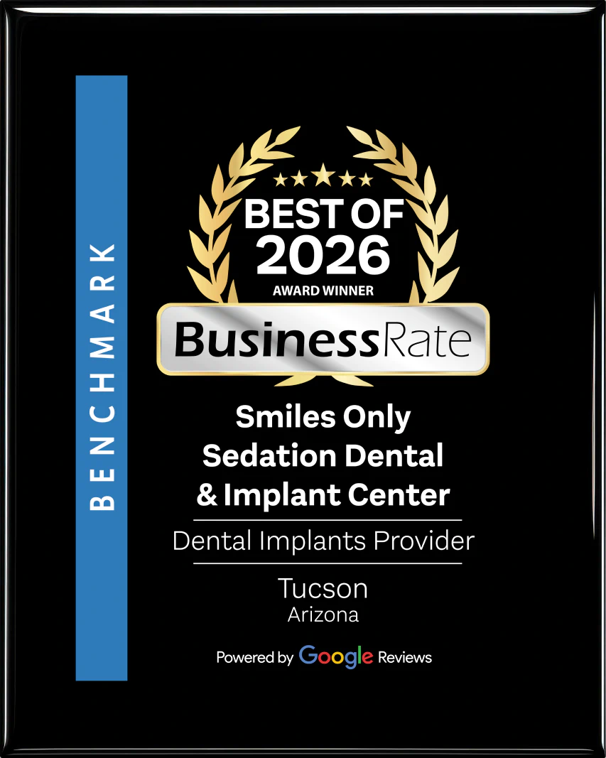 Best of 2026 BusinessRate Award Winner plaque for Smiles Only Sedation Dental & Implant Center, Dental Implants Provider, Tucson, Arizona